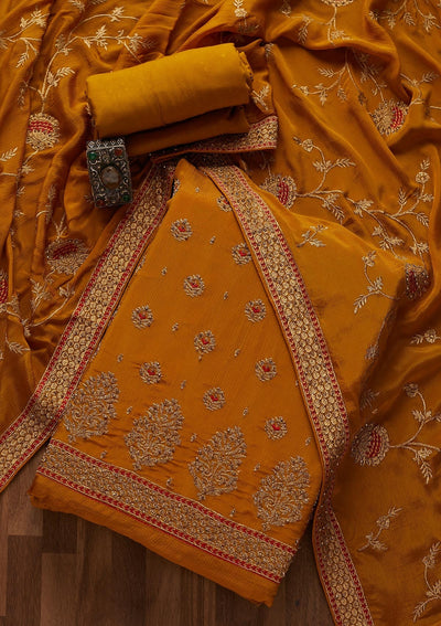 Mustard Stonework Georgette Designer Unstitched Salwar Suit - Koskii
