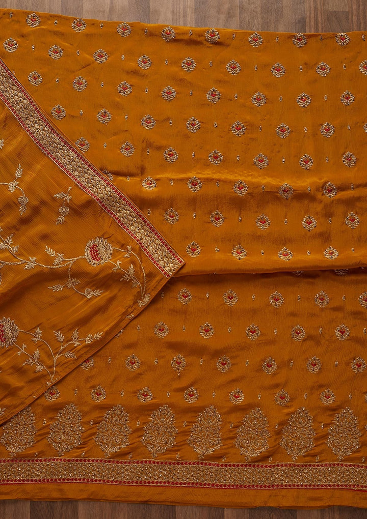 Mustard Stonework Georgette Designer Unstitched Salwar Suit - Koskii