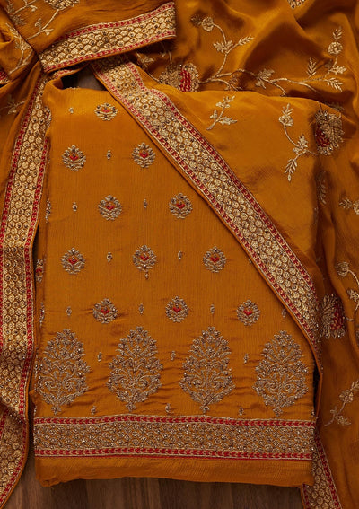 Mustard Stonework Georgette Designer Unstitched Salwar Suit - Koskii