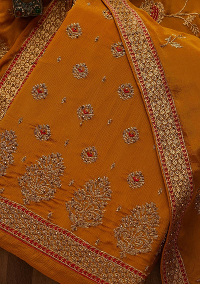 Mustard Stonework Georgette Designer Unstitched Salwar Suit - Koskii