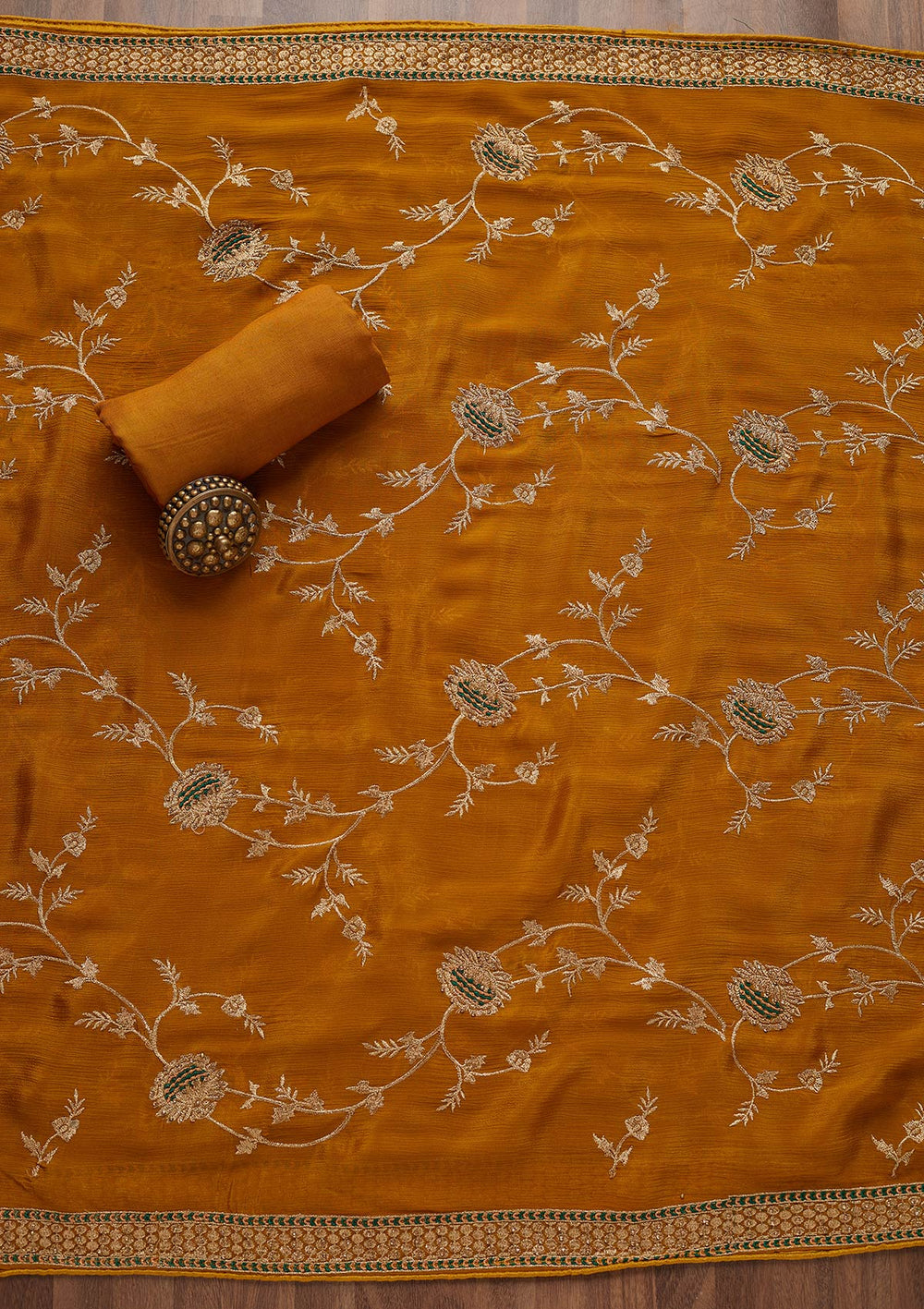 Mustard Stonework Georgette Unstitched Salwar Suit-Koskii