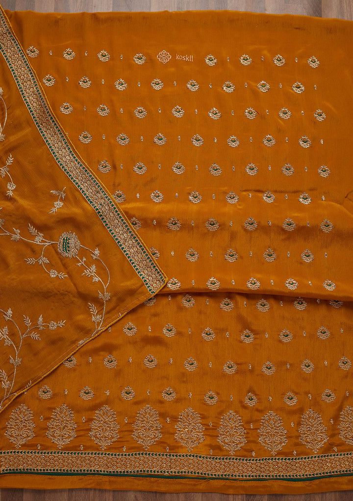 Mustard Stonework Georgette Unstitched Salwar Suit-Koskii