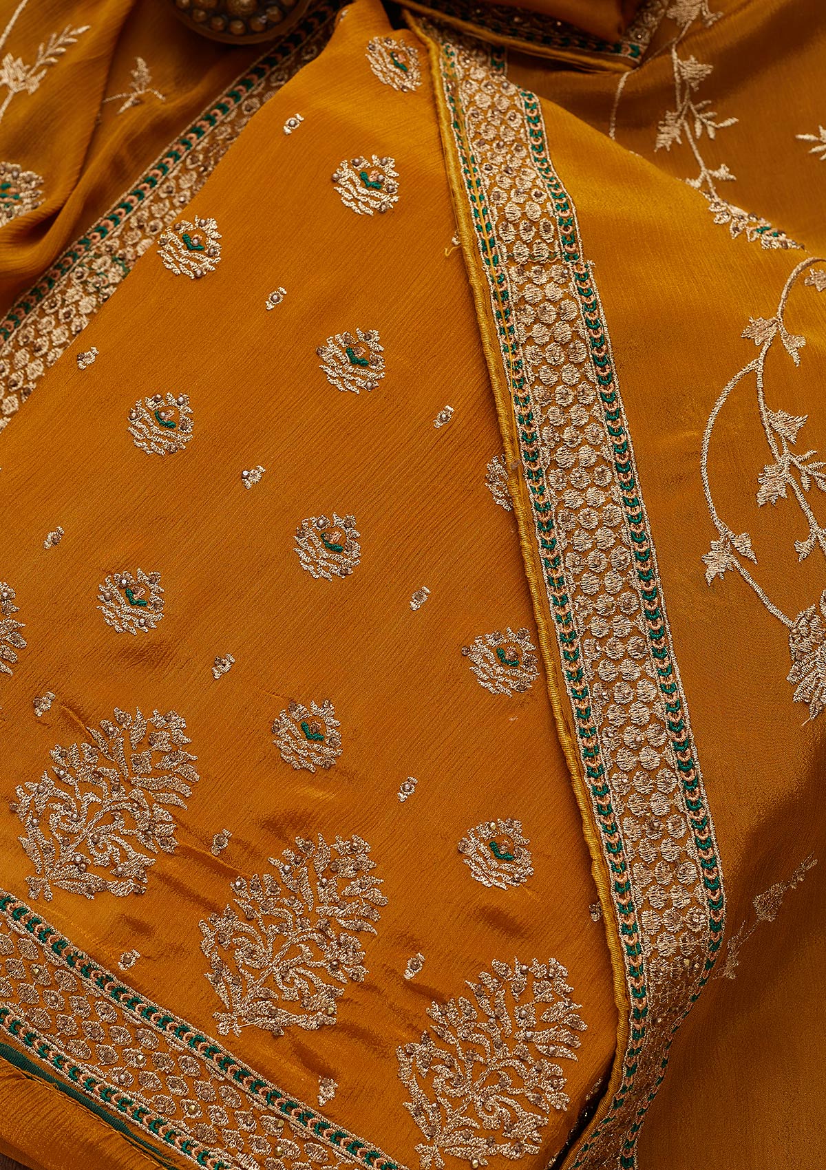 Mustard Stonework Georgette Unstitched Salwar Suit-Koskii