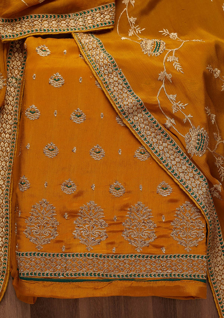 Mustard Stonework Georgette Unstitched Salwar Suit-Koskii