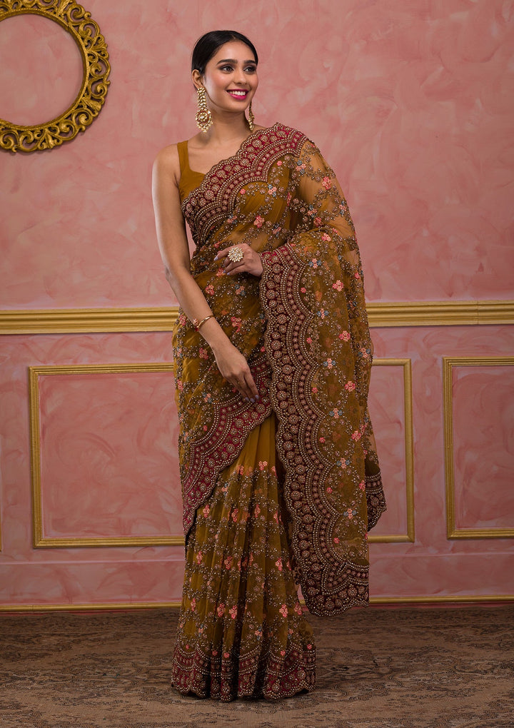 Mustard Stonework Net Saree-Koskii
