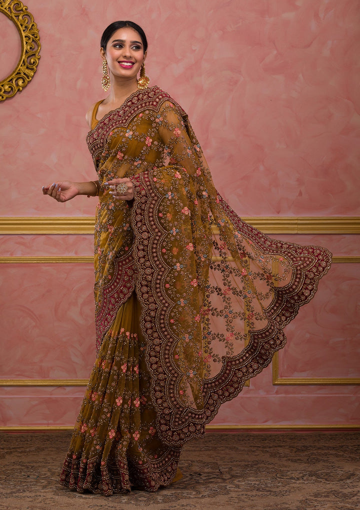 Mustard Stonework Net Saree-Koskii