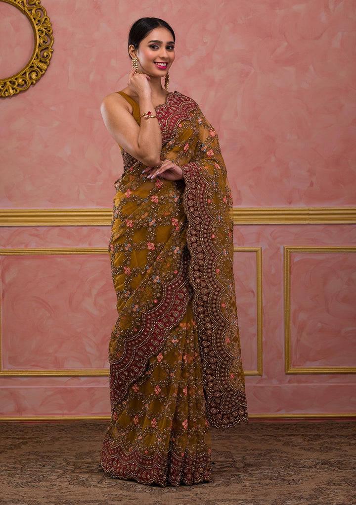 Mustard Stonework Net Saree-Koskii