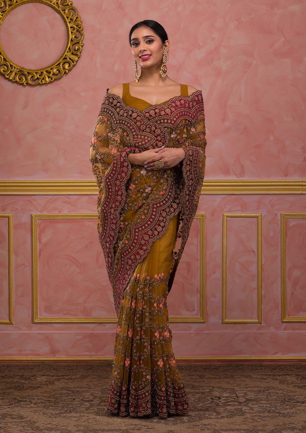 Buy Mustard Stonework Net Saree - Koskii