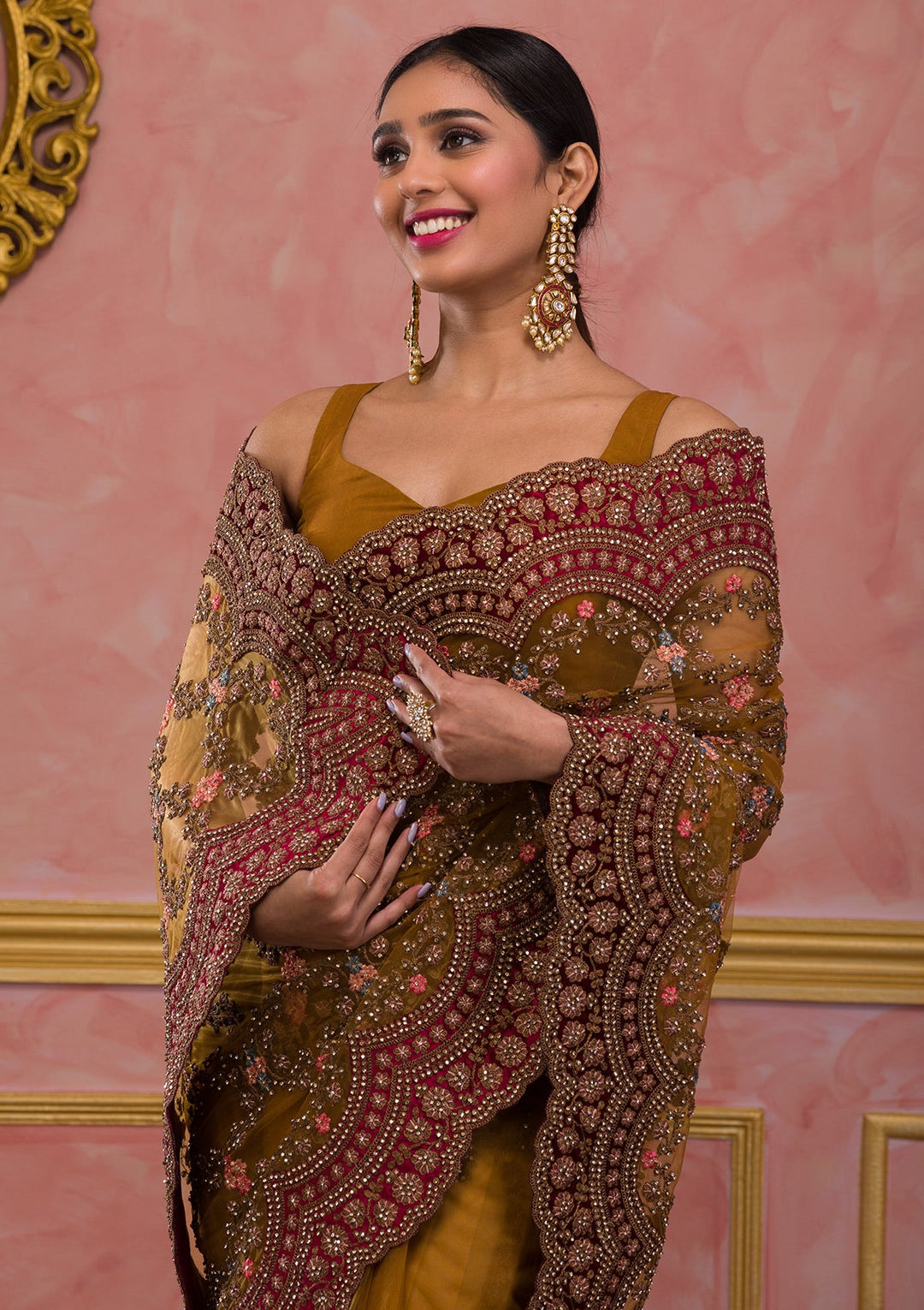 Mustard Stonework Net Saree-Koskii