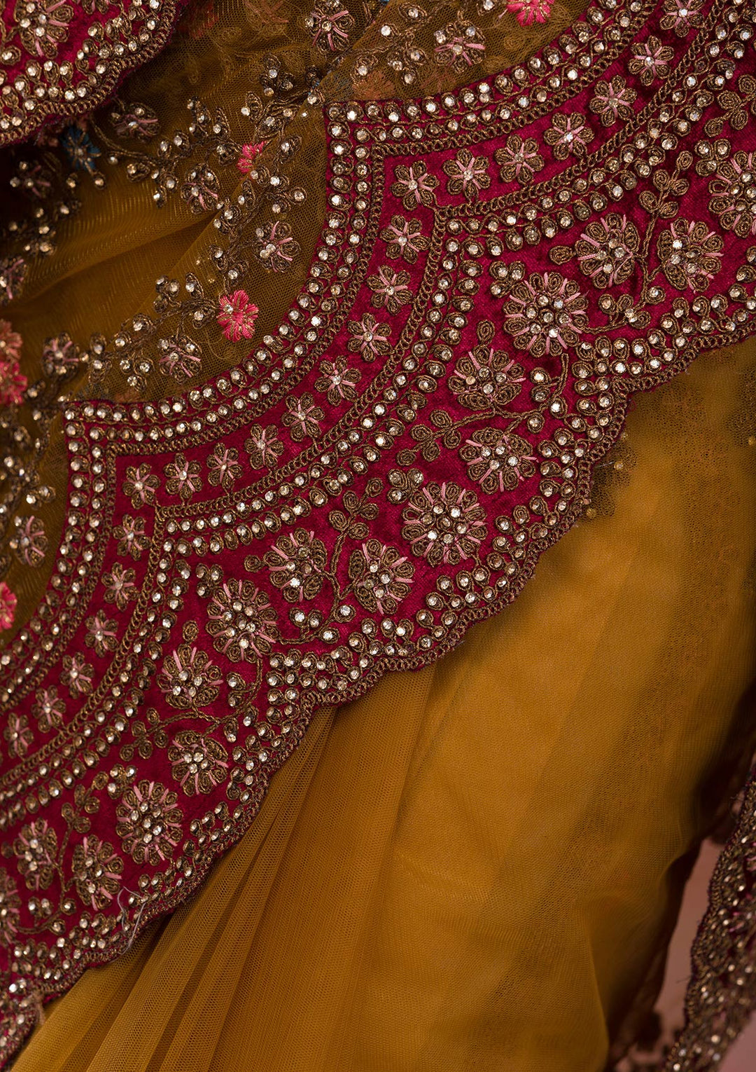Mustard Stonework Net Saree-Koskii