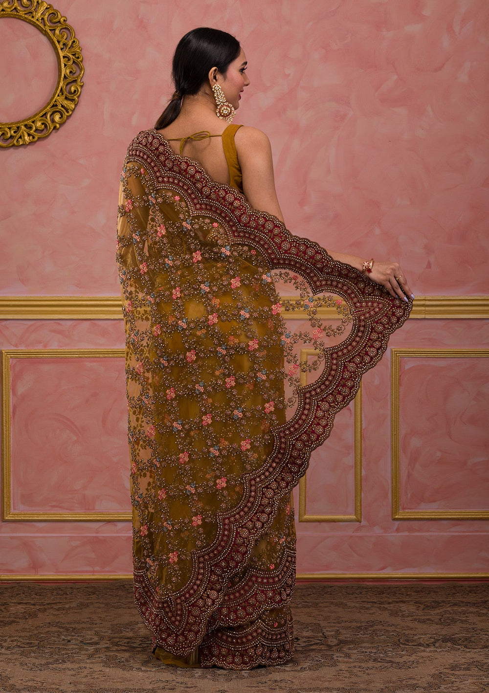 Mustard Stonework Net Saree-Koskii