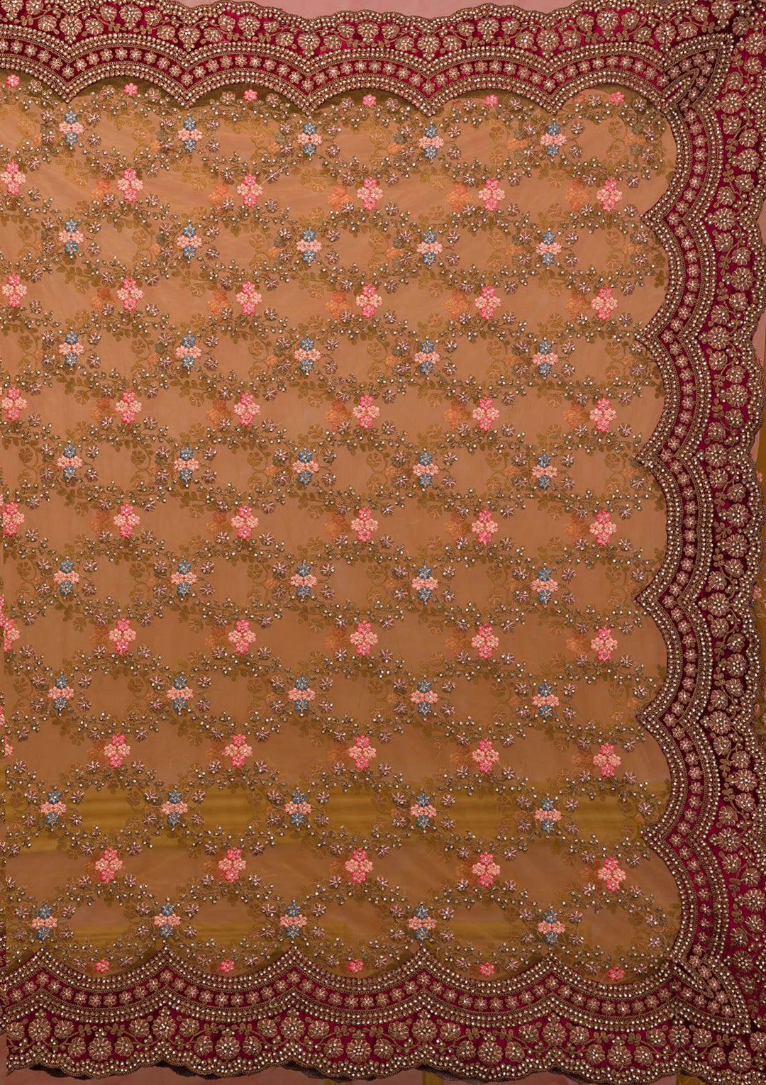 Mustard Stonework Net Saree-Koskii