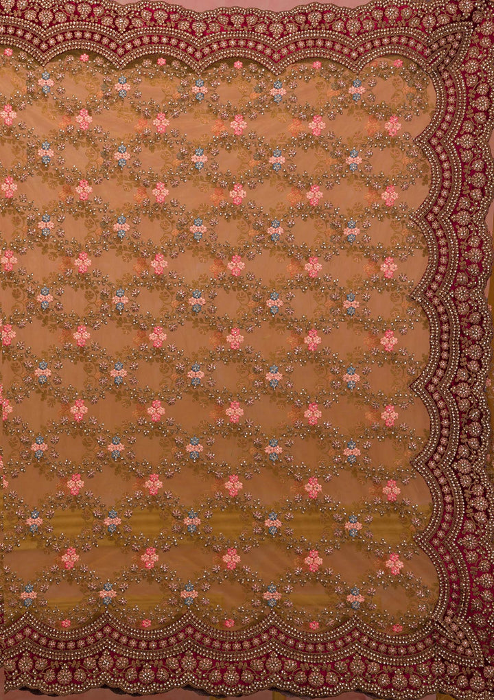 Mustard Stonework Net Saree-Koskii