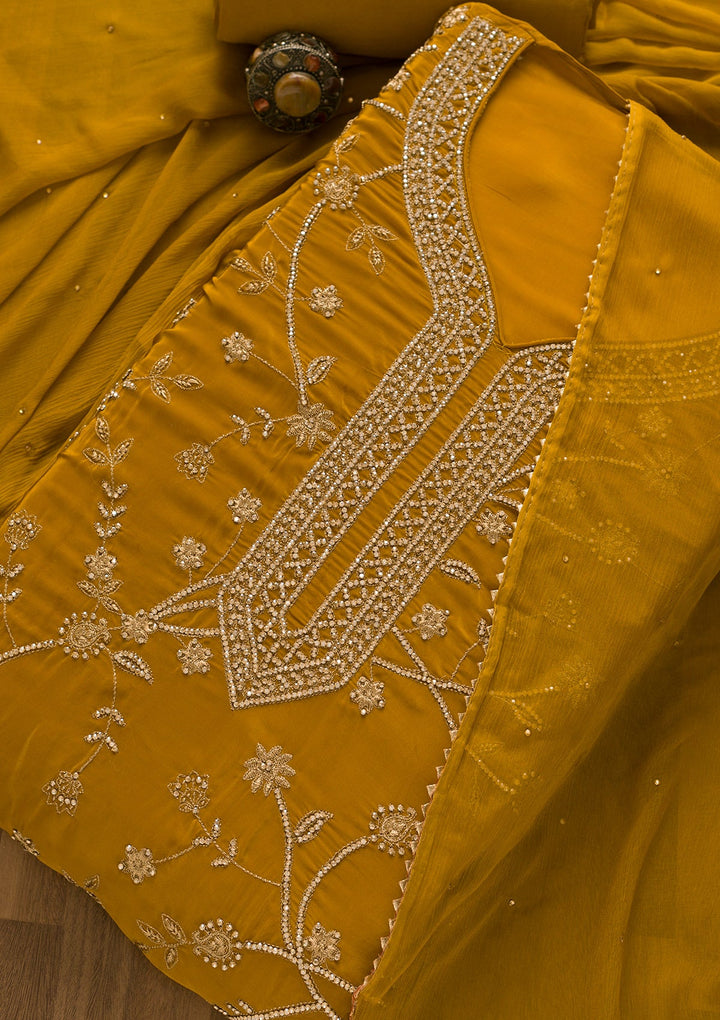Mustard Stonework Organza Unstitched Salwar Kameez-Koskii