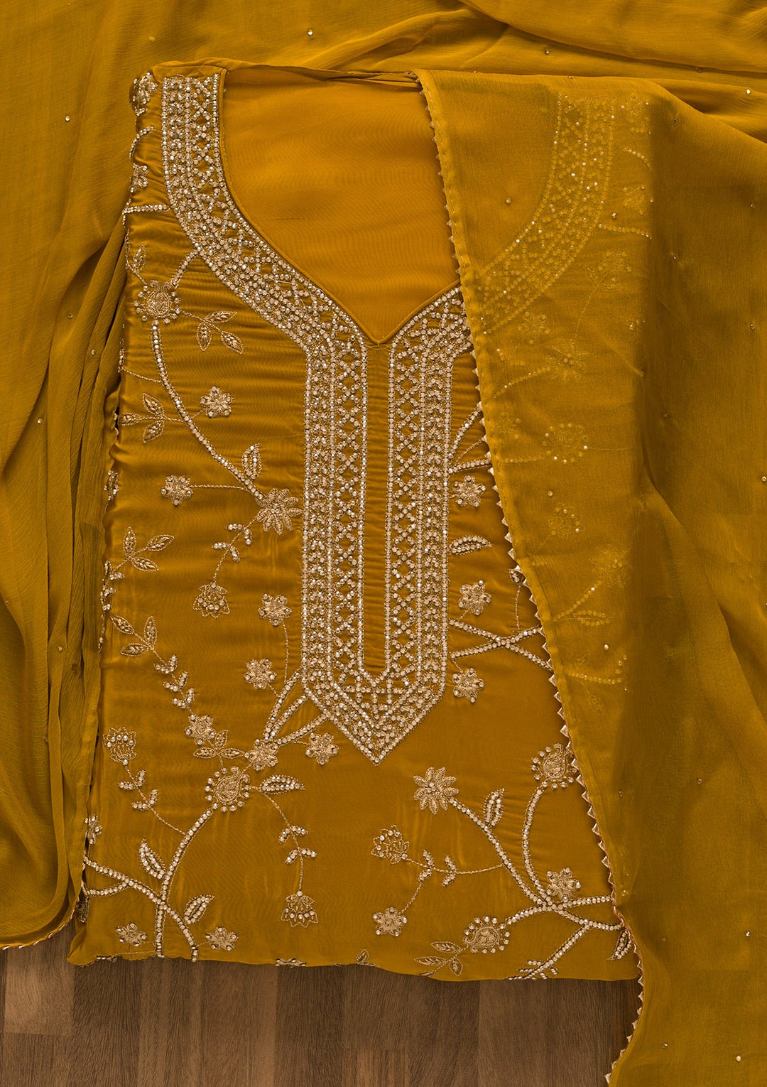 Mustard Stonework Organza Unstitched Salwar Kameez-Koskii