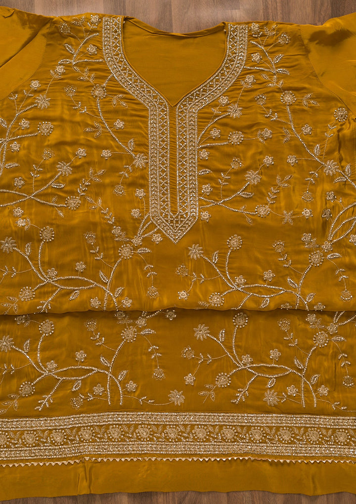 Mustard Stonework Organza Unstitched Salwar Kameez-Koskii