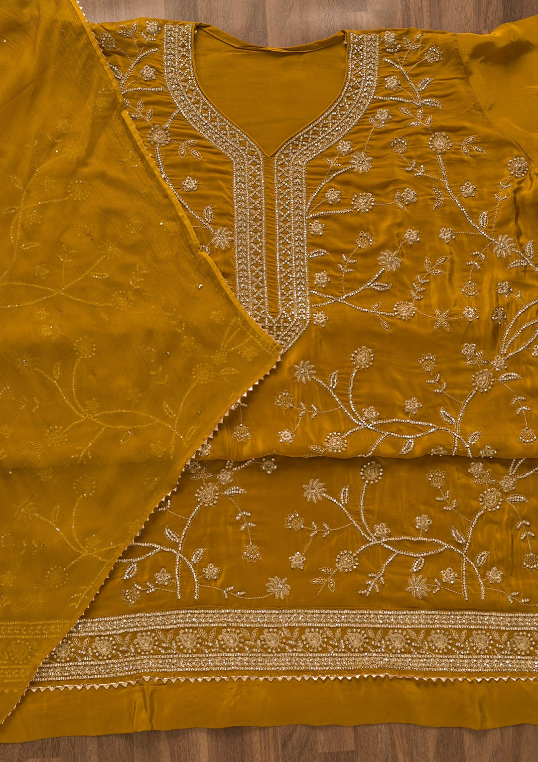 Mustard Stonework Organza Unstitched Salwar Kameez-Koskii