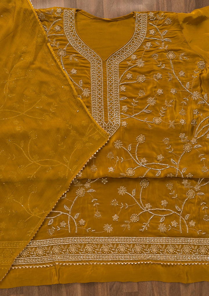 Mustard Stonework Organza Unstitched Salwar Kameez-Koskii