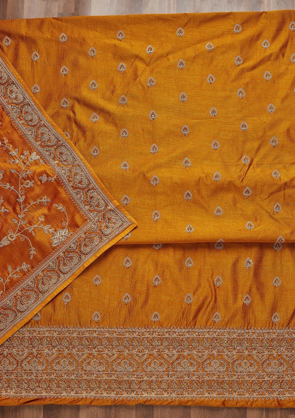 Mustard Stonework Raw Silk Unstitched Salwar Suit - Koskii