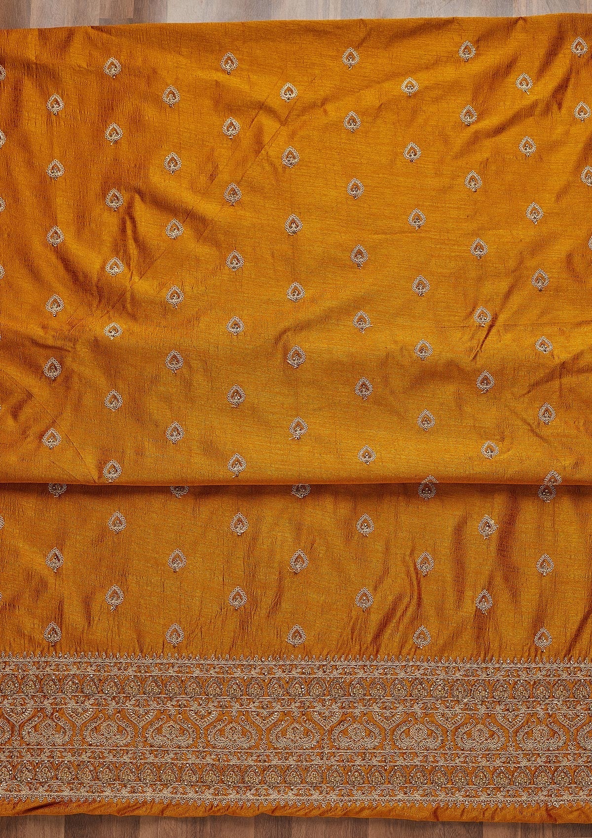 Mustard Stonework Raw Silk Unstitched Salwar Suit - Koskii