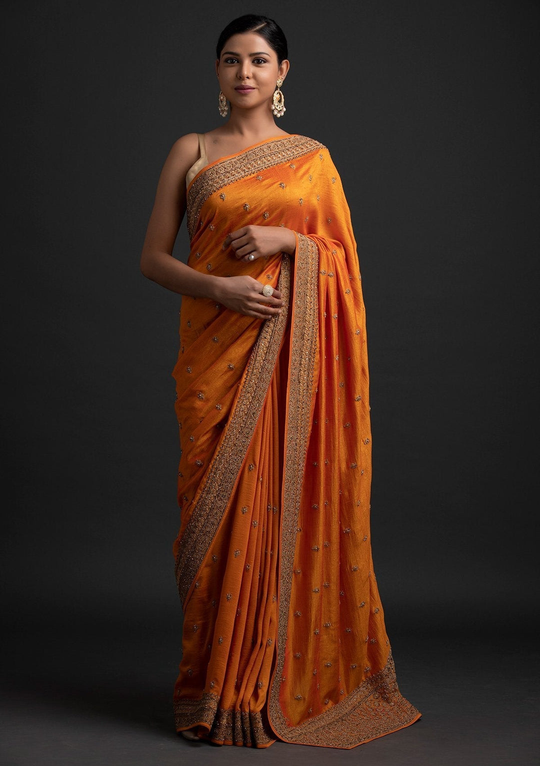 Mustard Stonework Raw Silk Designer Saree - koskii