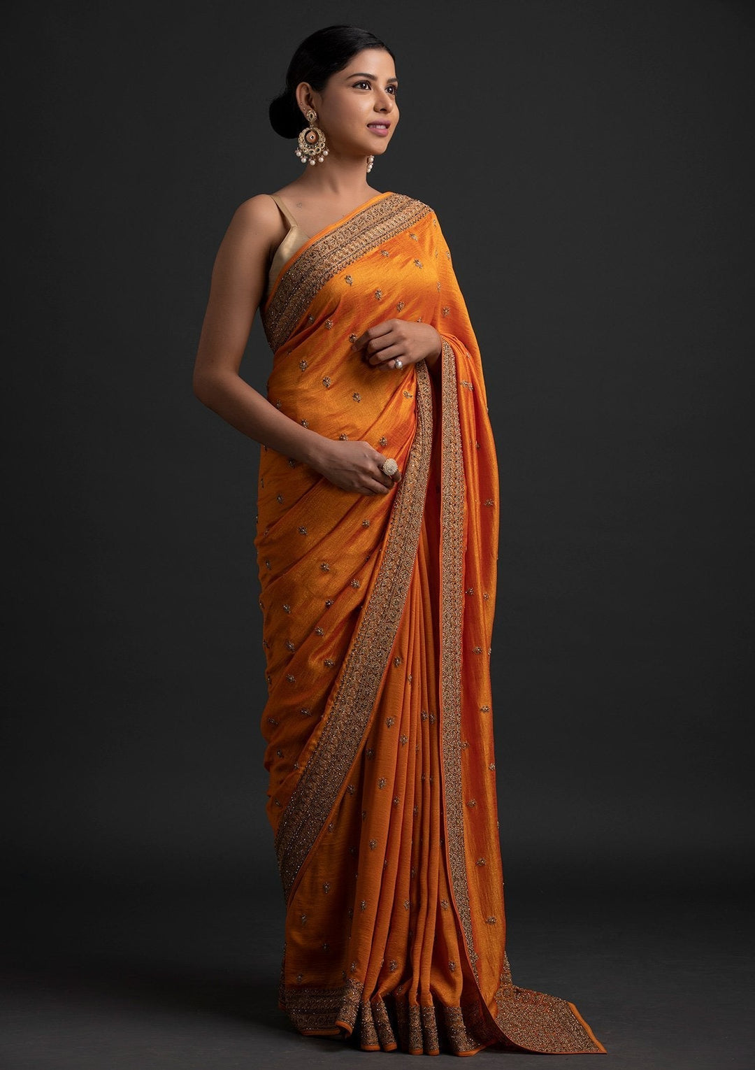 Mustard Stonework Raw Silk Designer Saree - koskii