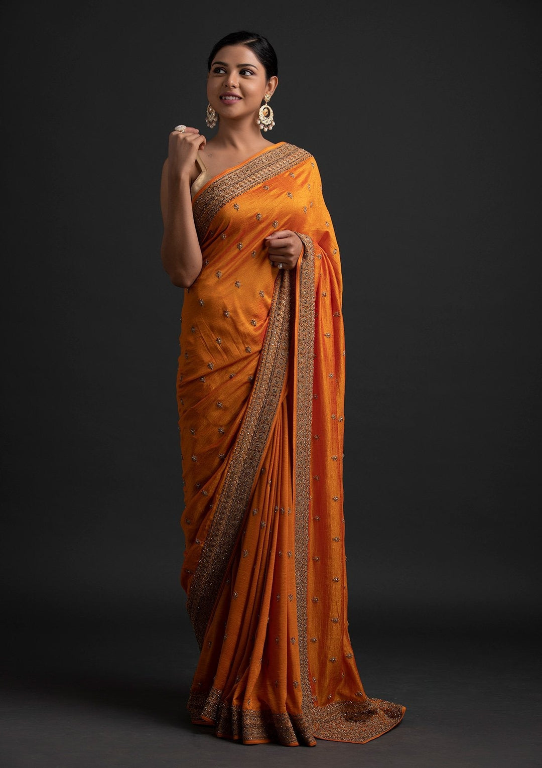 Mustard Stonework Raw Silk Designer Saree - koskii