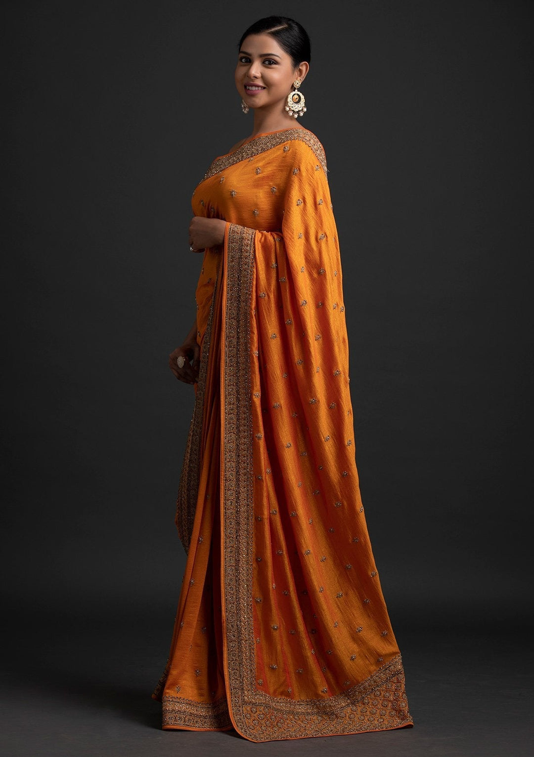 Mustard Stonework Raw Silk Designer Saree - koskii