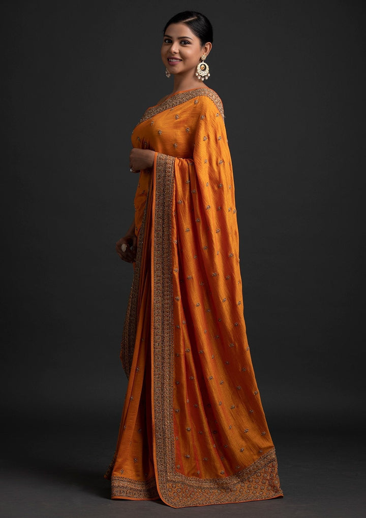 Mustard Stonework Raw Silk Designer Saree - koskii