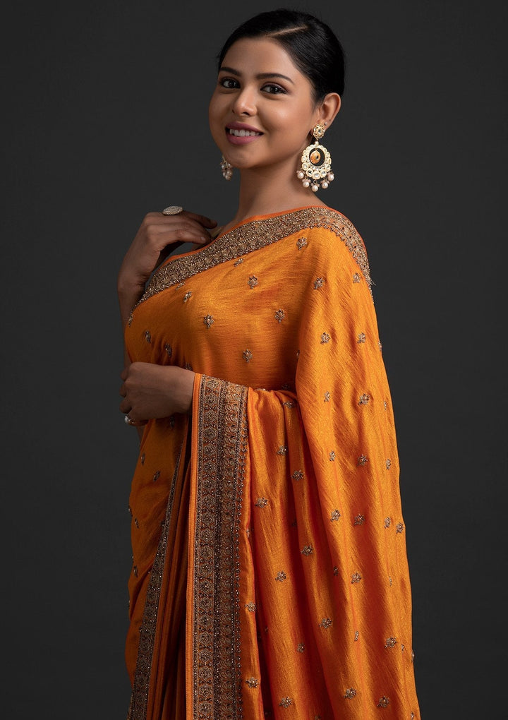 Mustard Stonework Raw Silk Designer Saree - koskii