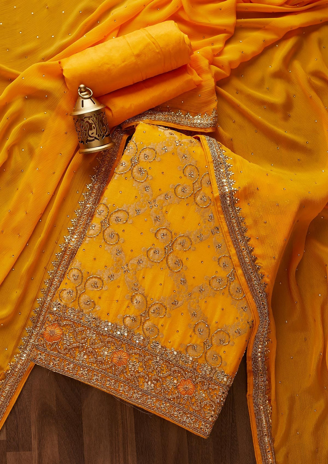 Mustard Stonework Semi Crepe Designer Unstitched Salwar Suit - Koskii