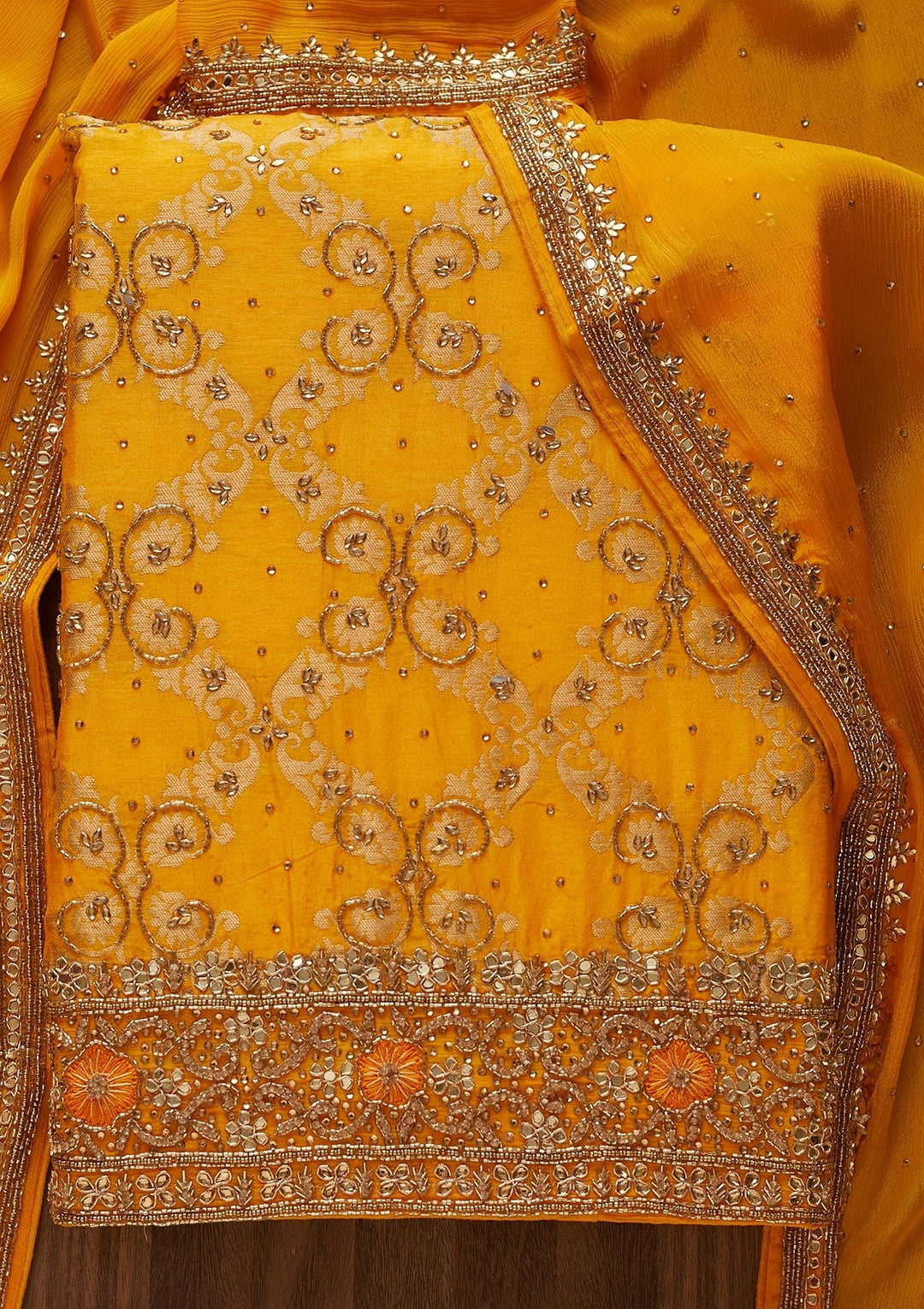 Mustard Stonework Semi Crepe Designer Unstitched Salwar Suit - Koskii
