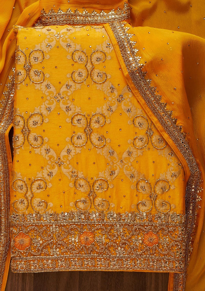 Mustard Stonework Semi Crepe Designer Unstitched Salwar Suit - Koskii