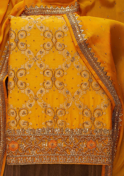 Mustard Stonework Semi Crepe Designer Unstitched Salwar Suit - Koskii
