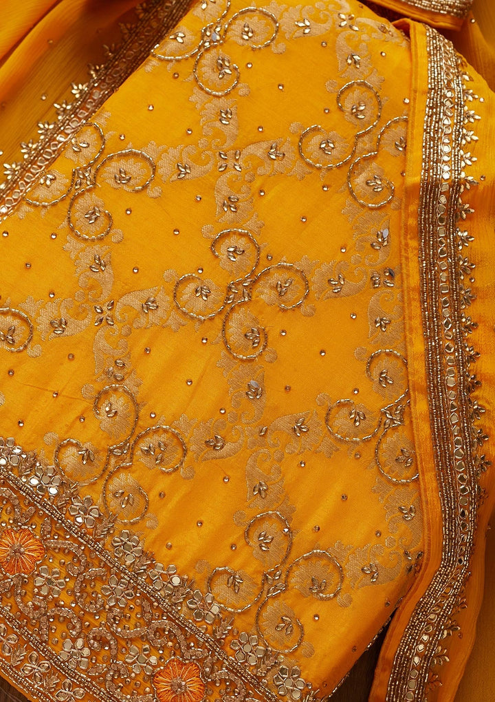 Mustard Stonework Semi Crepe Designer Unstitched Salwar Suit - Koskii