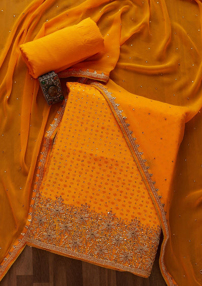 Mustard Stonework Semi Crepe Designer Unstitched Salwar Suit - Koskii
