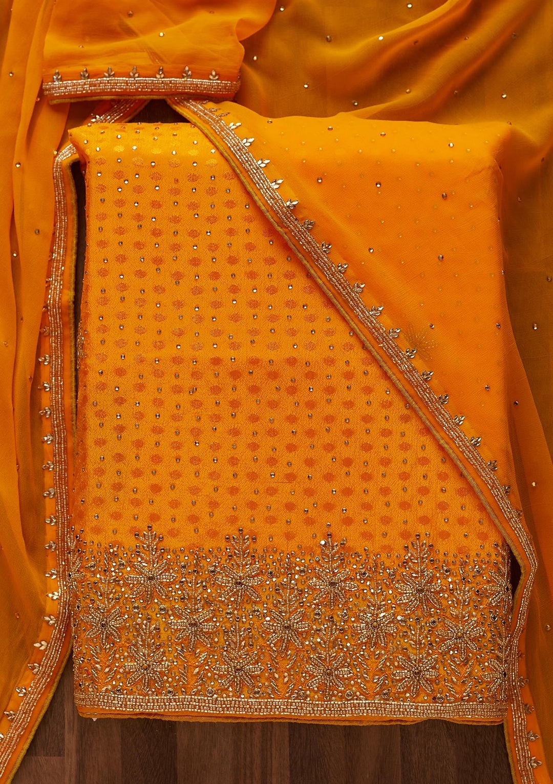 Mustard Stonework Semi Crepe Designer Unstitched Salwar Suit - Koskii