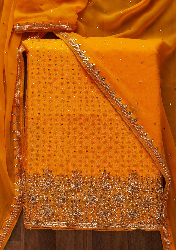Mustard Stonework Semi Crepe Designer Unstitched Salwar Suit - Koskii
