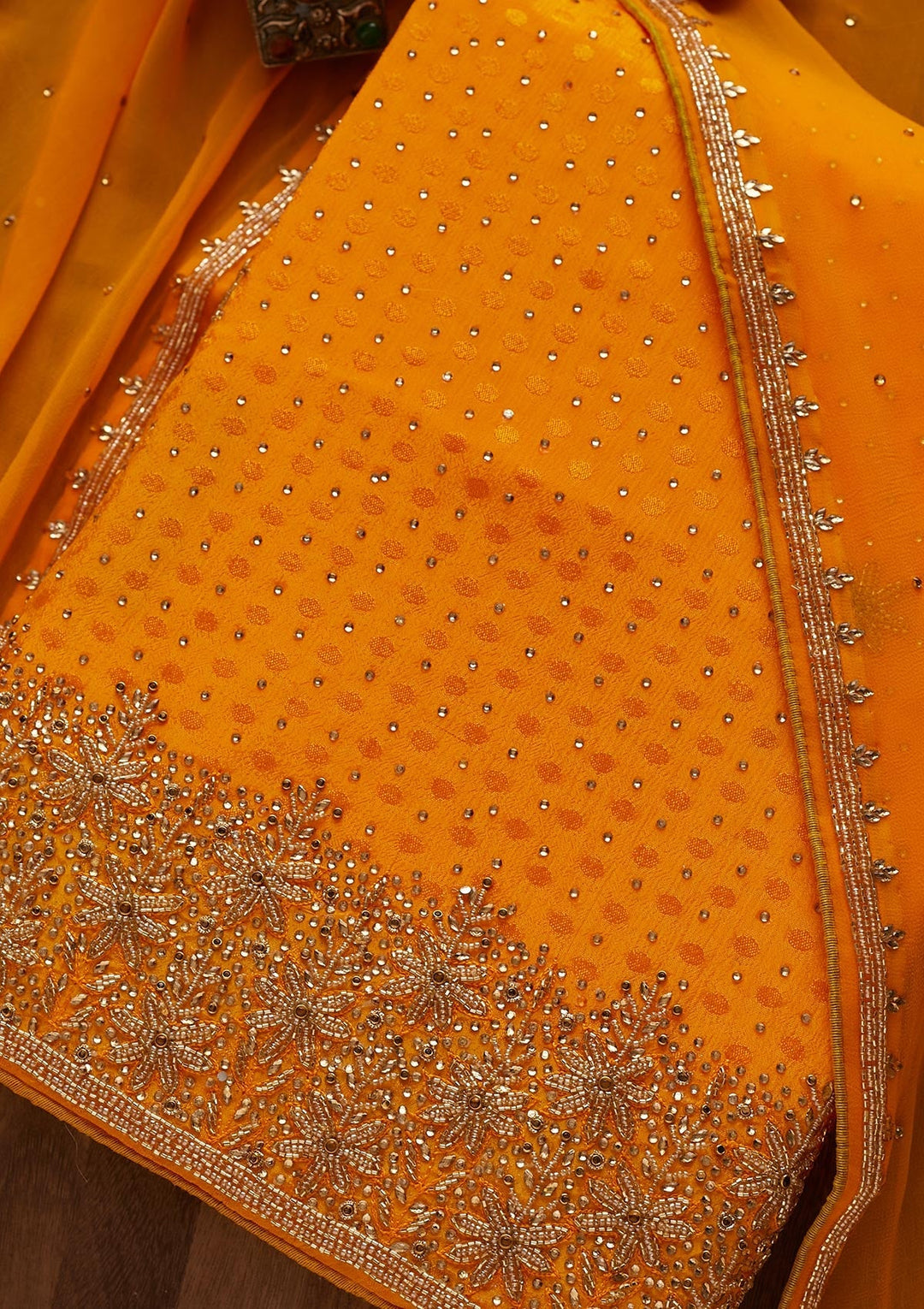 Mustard Stonework Semi Crepe Designer Unstitched Salwar Suit - Koskii