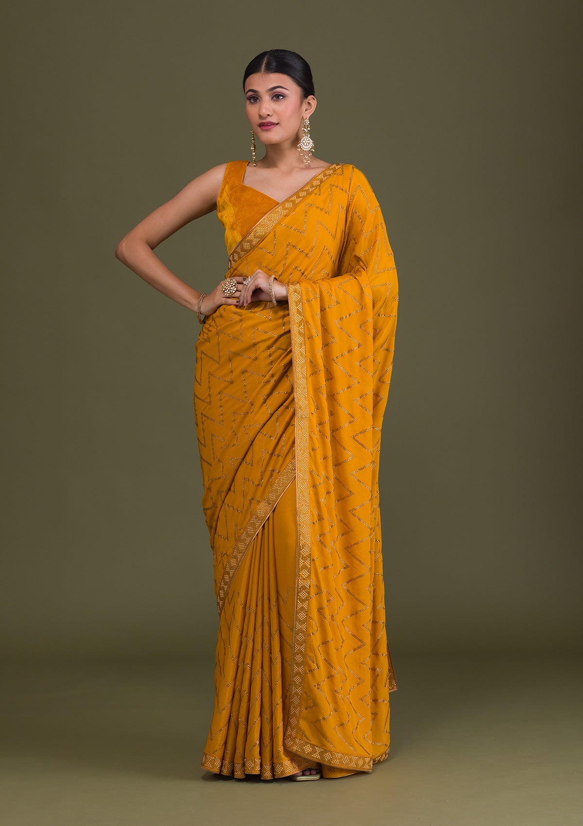 Mustard Stonework Semi Crepe Unstitched Saree-Koskii