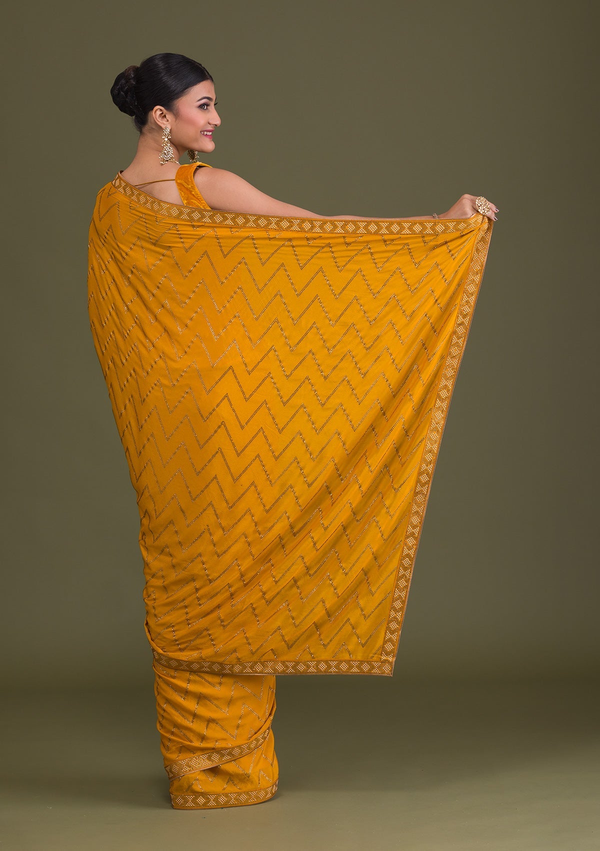 Mustard Stonework Semi Crepe Unstitched Saree-Koskii