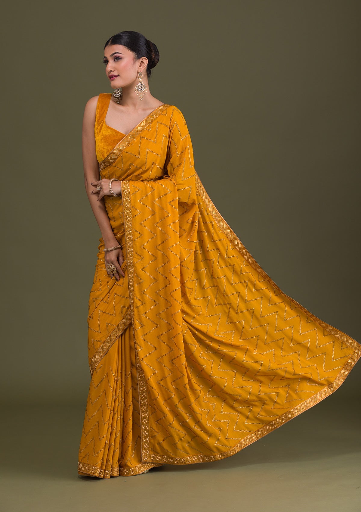 Mustard Stonework Semi Crepe Unstitched Saree-Koskii