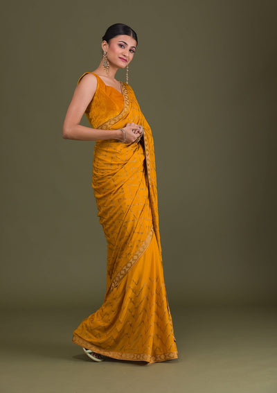 Mustard Stonework Semi Crepe Unstitched Saree-Koskii