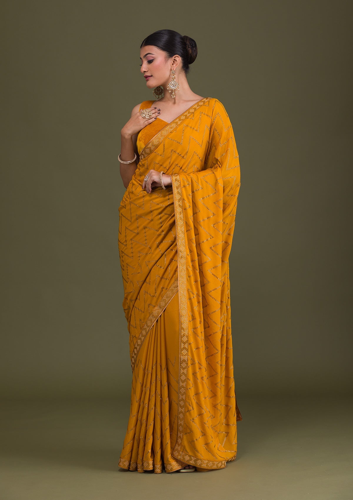 Mustard Stonework Semi Crepe Unstitched Saree-Koskii