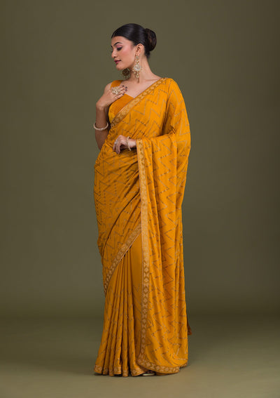 Mustard Stonework Semi Crepe Unstitched Saree-Koskii