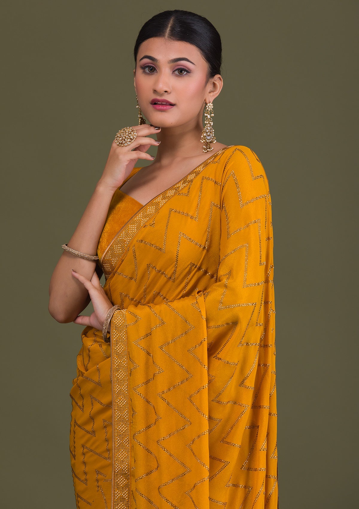 Mustard Stonework Semi Crepe Unstitched Saree-Koskii