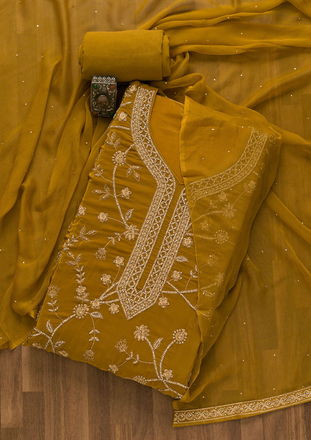 Mustard Stonework Semi Crepe Unstitched Salwar Kameez-Koskii