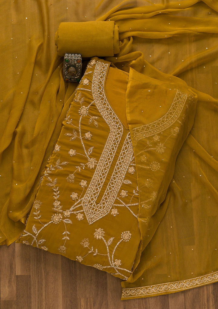 Mustard Stonework Semi Crepe Unstitched Salwar Kameez-Koskii