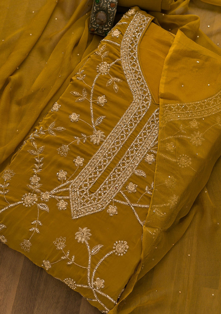 Mustard Stonework Semi Crepe Unstitched Salwar Kameez-Koskii