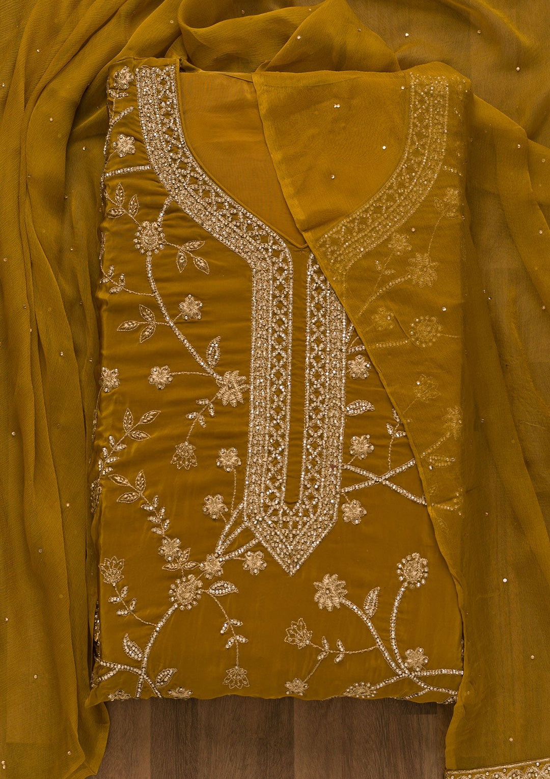 Mustard Stonework Semi Crepe Unstitched Salwar Kameez-Koskii